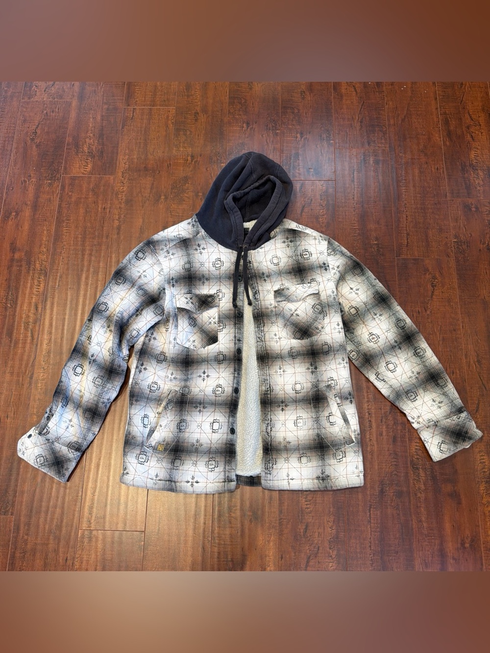 Quiksilver Button Up Jacket Hooded Lined Grey Mens Medium Y2K Logo